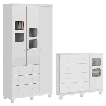 Imagem de Jogo De Quarto Infantil Uli Guarda Roupa 3 Portas E Cômoda Branco Brilho - Móveis Peroba