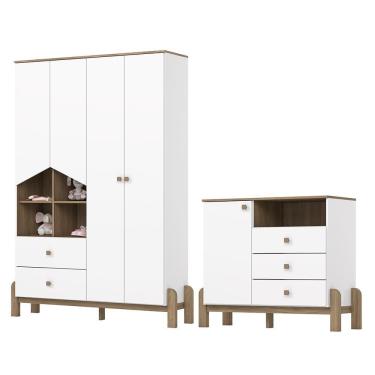 Imagem de Jogo De Quarto Infantil Ternura Com Guarda Roupa E Cômoda Branco-jequitibá - Móveis Hen...