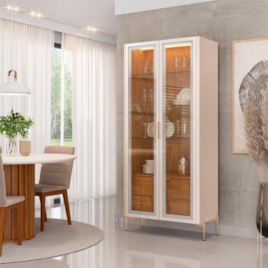Imagem de Cristaleira Decorativa Vitória com 3 Prateleiras e 2 Portas de Vidro Iluminação LED Pés Metálicos Dourados Off White/Freijó G18 - Gran Belo