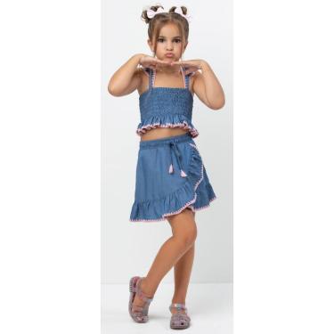 Imagem de Conjunto Luxo Menina Jeans Cropped Shorts Saia Lessa Rf 8022 - Azul - TAM 4 ANOS-Feminino