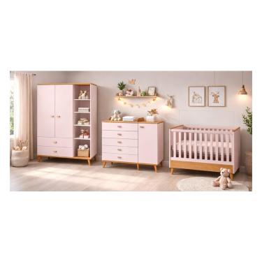 Imagem de Conjunto Quarto Infantil Ternura Bartira Cômoda 5 Gavetas Berço 2 em 1 Guarda-Roupa 2 Portas Colchão Herval Espuma D18