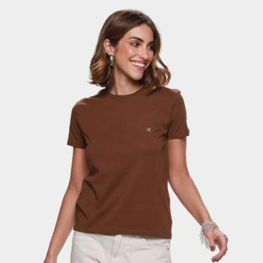 Imagem de Camiseta Calvin Klein Logo Bordado Feminina, Marrom, G