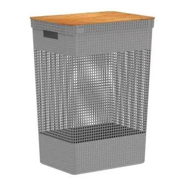Imagem de Cesto De Roupas Grid Com Tampa De Bambu 49 Litros, Chumbo