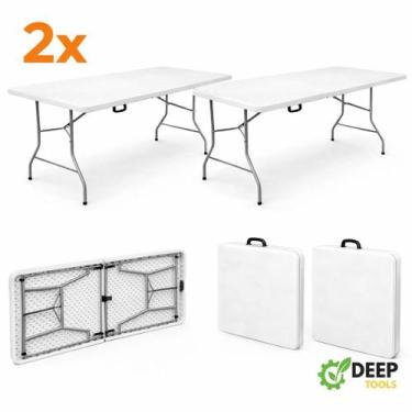 Imagem de Kit Com 2 Mesas Dobráveis Portátil 1,80m Vira Maleta com Alça Camping 