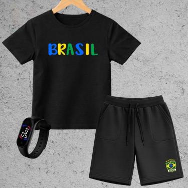 Imagem de Kit Infantil Brasil Completo Camiseta Short Moletinho Relógio Digital Look Menino Presente-Unissex