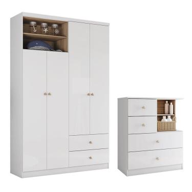 Imagem de Jogo De Quarto Vanila Com Guarda Roupa E Cômoda Branco/jequitibá - Móveis Henn Branco/j...