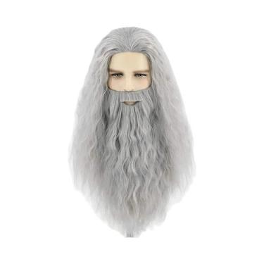 Imagem de Peruca Sintética Cinza Com Barba E Tiara De 26 Polegadas Para Cosplay 