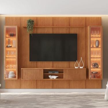 Imagem de Conjunto Rack e Painel para Tv 75 Polegadas com Cristaleira Led 279x250cm Mdf Zeus Natu...