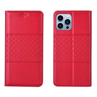 Imagem de LAHappyL Capa carteira flip para iPhone 13 Pro Max/13 Pro/13/13 Mini capa protetora de couro legítimo com função de suporte para cartão, absorção magnética oculta, vermelha, 13 Pro Max de 6,7 polegadas
