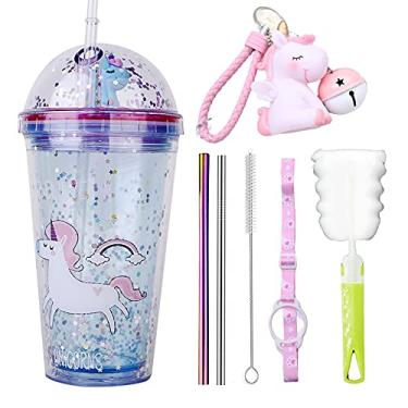 Imagem de seelucky Copo de viagem infantil unicórnio com canudo copo para beber gelo congelador caneca gelada para piquenique festa aniversário (unicórnio azul, 430 ml)