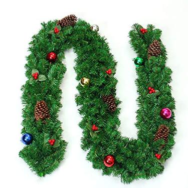 Imagem de Yajun Guirlanda de Natal verde artificial para escadas, lareiras, enfeite de árvore, decoração de pendurar para ambientes internos e externos, 2,7 m