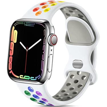 Imagem de Pulseira esportiva de silicone de substituição Lerobo compatível com Apple Watch 9, 8, 7, 6, 5, 4, 3, 2, 1, SE e Ultra 2, de 41 mm, 40 mm e 38 mm, macia, unissex, branca/arco-íris, P/M