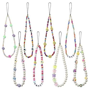 Imagem de Taouzi 6 peças de berloques de telefone com contas de cordão de pulso para mulheres com contas e estrelas, pérolas, arco-íris, cor de arco-íris, contas, Style 8-2, Pérola sintética, contas de acrílico