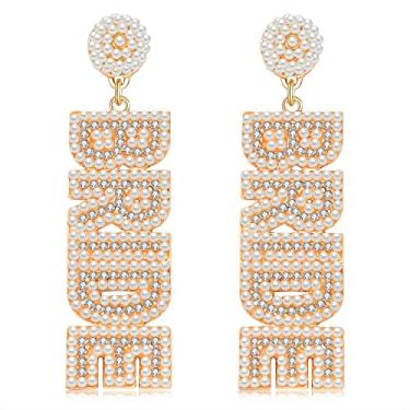 Imagem de Brincos de noiva com strass para mulheres, feito à mão, com miçangas, pingente de letra, brincos de casamento, madrinhas de casamento, presente de festa de despedida de solteira, Zinco, Sem pedras preciosas