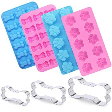 Imagem de Conjunto de 7 moldes de silicone de patas e ossos de cachorro com cortador de biscoito de aço inoxidável, encontre moldes de silicone de grau alimentício (rosa e azul), diversos tamanhos de biscoito de osso de cachorro para chocolate, cubo de gelo