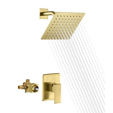 Imagem de Sumerain – Torneira de chuveiro de equilíbrio de pressão com acabamento em ouro escovado, cabeça de chuveiro quadrada de 20 cm, incluindo corpo e acabamento de válvula
