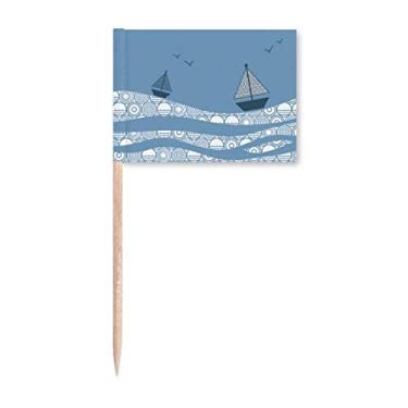 Imagem de Decoração de festa com bandeira de palito de dente com ilustração de nuvem e paisagem de barco ondas do mar