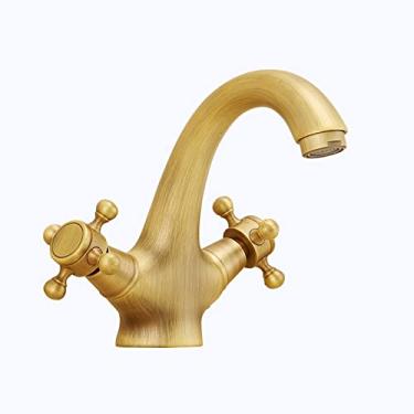 Imagem de LIDON Torneira de banheiro de latão retrô, alça dupla, torneira de pia de banheiro de latão antigo 1 furo, torneira de pia de latão alta do banheiro, torneira de pia de cozinha retrô, B antigo (cor: antigo B)