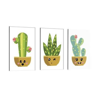 3 Quadros Decoração Cactos Natureza Desenhos Molduras