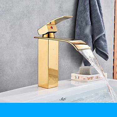 Imagem de Torneira para lavatório em cascata preto fosco, misturador de alça única, torneira de guindaste de água quente e fria para banheiro, torneira misturadora, curta, ouro brilhante