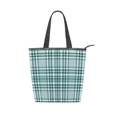 Imagem de Bolsa feminina de lona durável com estampa xadrez verde tartã grande capacidade sacola de compras bolsa de ombro