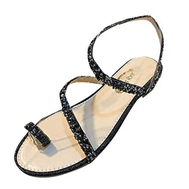 Imagem de Sandálias rasteiras com tiras de strass para mulheres elegantes verão outwear francês fada vento embrulhado com fundo plano sapatos romanos (preto-2, 6,5)