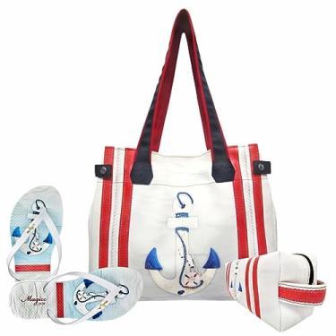 Imagem de Kit Praia Feminino Âncora Branca com Bolsa, Necessaire e Chinelo, Magicc KIT-205