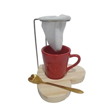 Imagem de Kit Caneca Xícara Mini Coador Café Individual Reutilizável (Vermelho Coração)