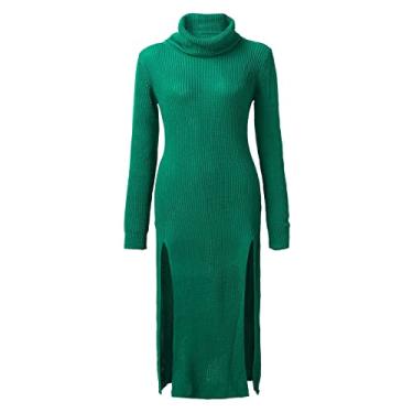 Imagem de Vestido feminino sólido sexy para coquetel, gola alta, suéter de malha, vestido sexy nos dois lados, fenda na coxa, vestido longo, Verde, G