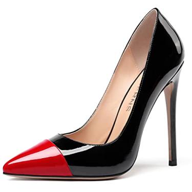 Imagem de WAYDERNS Sapatos femininos de salto alto stiletto de couro envernizado de ponta fina para festas de casamento 4,7 cm, Vermelho e preto, 5