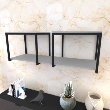 Imagem de Prateleira Industrial Suspensa Estante Parede Nicho Cinza Ferro E Madeira Suporte Pratileira