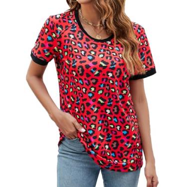 Imagem de Camiseta de Verão, Ajuste Solto Feminino Manga Curta Estampa de Leopardo Camiseta Tripulação Respirável Elegante para Senhora para Uso Doméstico (L)