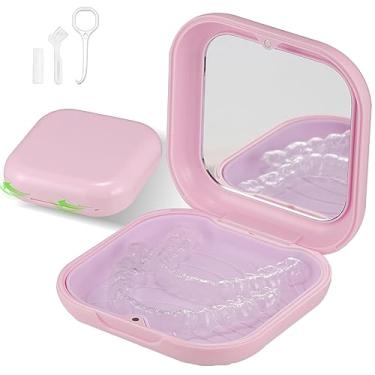 Imagem de Estojo retentor, estojo fino alinhador com espelho, compatível com Invisalign, protetor noturno e protetor bucal, estojo retentor premium, com ferramenta de remoção de alinhador, mastigar e escova, rosa