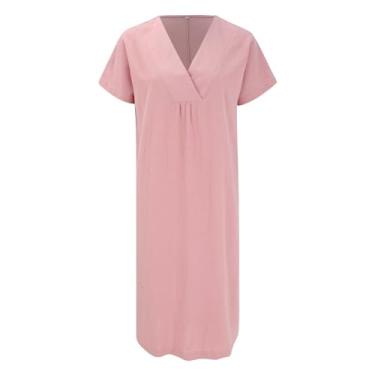 Imagem de Vestido túnica feminino de verão, casual, algodão, linho, solto, solto, manga curta, gola V, vestidos longos, rosa, P