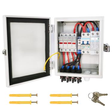 Imagem de Caixa combinadora solar de 4 cordas, caixa combinadora fotovoltaica à prova d'água IP65 para sistema solar de grade liga/desliga, com pára-raios, fusível de corrente nominal de 15A e disjuntor 63A
