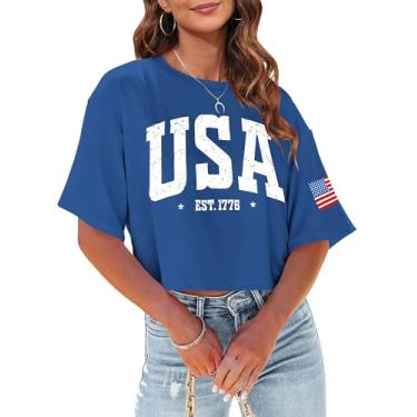 Imagem de Camiseta cropped feminina com bandeira americana EUA camiseta patriótica 4 de julho Memorial Day camiseta feminina cropped tops, 1776-azul, G