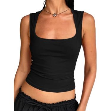 Imagem de Tankaneo Regatas femininas de gola quadrada slim fit cropped sem mangas camisetas básicas, Preto, GG