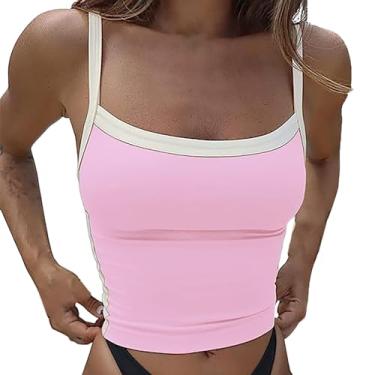 Imagem de Regata feminina de verão, listrada, gola quadrada, sem mangas, alças finas, camiseta cropped para sair, rosa, G