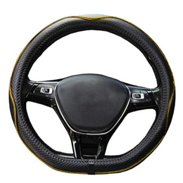 Imagem de Mayco Bell Capa de volante de fundo plano antiderrapante, segura, macia, respirável, durável, totalmente envolvente, couro de microfibra de aderência confortável (forma de D, preto amarelo)