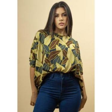 Imagem de Blusa Ampla Malha Morcego Manga Curta Folhas de Outono - Único-Feminino