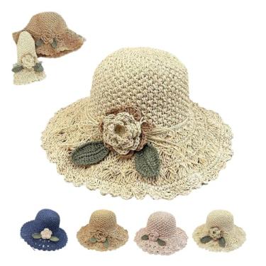 Imagem de Chapéus de palha para mulheres, chapéu de palha de crochê elegante com detalhe de babado, chapéus de crochê dobráveis ​​de proteção solar para praia de verão/1396