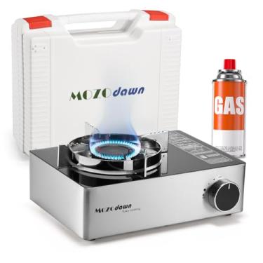 Imagem de MOZODAWN Fogão de acampamento portátil com estojo de transporte, fogão de butano de 12000 BTU queimador único para acampamento, piqueniques, caminhadas, pesca e atividades ao ar livre