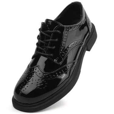 Imagem de Sapato social feminino clássico Oxford com cadarço formal com ponta de asa, Preto brilhante, 35