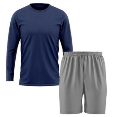 Imagem de Kit Calção Short Futebol Basquete Cinza + Manga Longa Masculina Segunda Pele Dry-Masculino