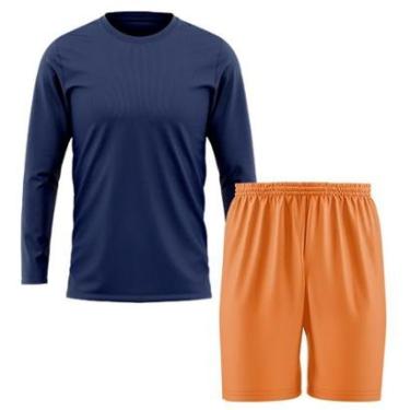 Imagem de Kit Calção Short Futebol Basquete Laranja + Manga Longa Masculina Segunda Pele Dry-Masculino