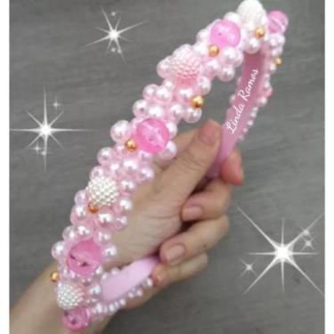 Imagem de Tiara arco chá revelação customizada com pérolas artesanal. - Ateliê L