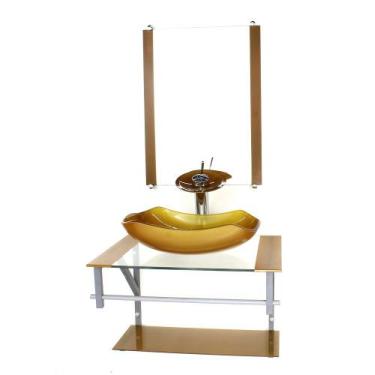 Imagem de Gabinete de vidro para banheiro 60cm ac cuba abaulada dourado real com