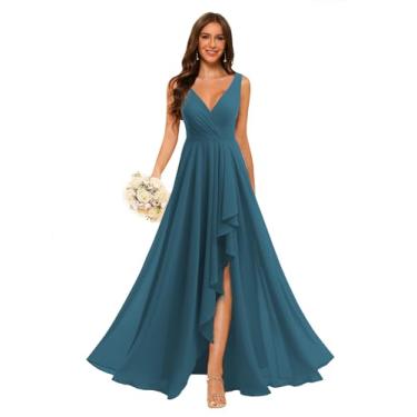 Imagem de Loyeloy Vestidos femininos de dama de honra com decote em V com fenda 2024 chiffon vestidos formais de festa com bolsos YJ212, Azul-petróleo, 42