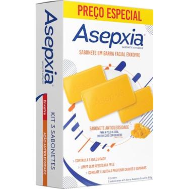 Imagem de Kit Asepxia Sabonete Em Barra Facial Enxofre Antiacne Para Pele Oleosa, Controla Oleosidade E Acne, Tratamento Facial Profundo Com Enxofre, 80g, 3-Pack