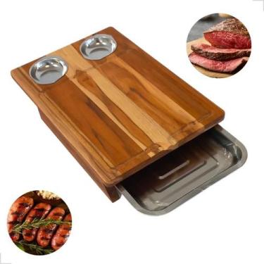 Imagem de Tábua de Carne Churrasco com Bandeja 2 Potes Inox Madeira Teca 44x30cm